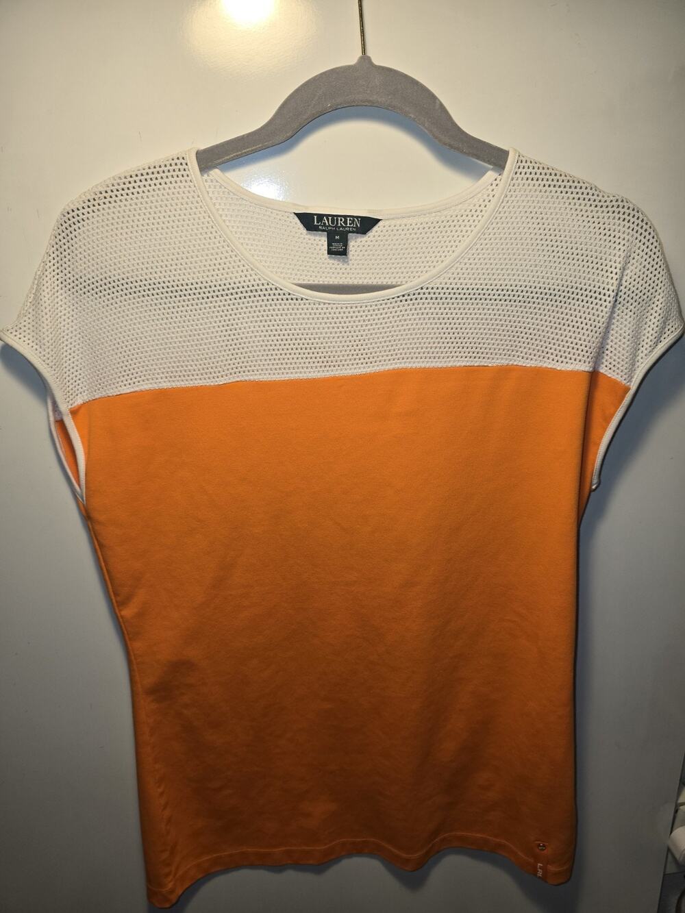 Lauren Ralph Lauren Women’s M Orange White Sheer Knit top Short Sleeve shirt net